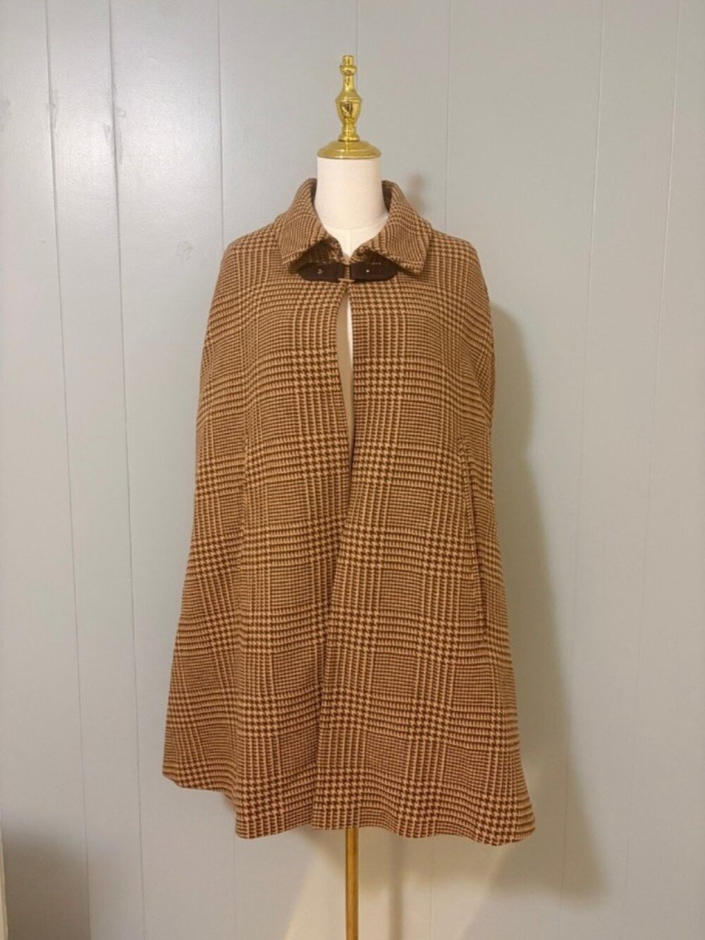 Lauren Ralph Lauren Wool Blend Cape Coat M/L Camel Cognac Check Heritage Autumn - Picture 4 of 16